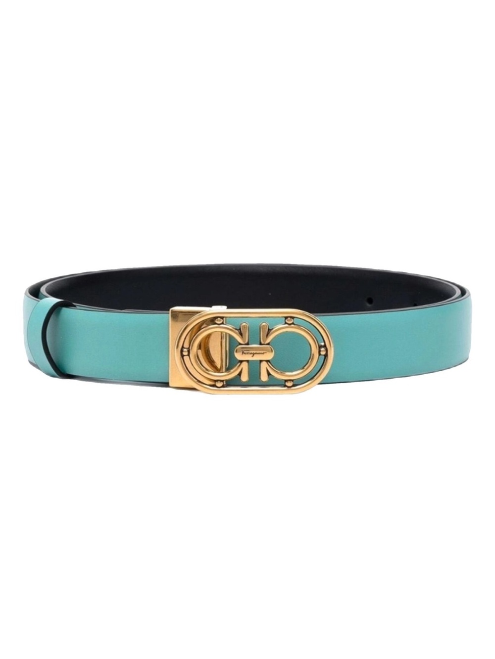 Salvatore Ferragamo Turquoise Leather Belt with Gold Double Gancini Buckle